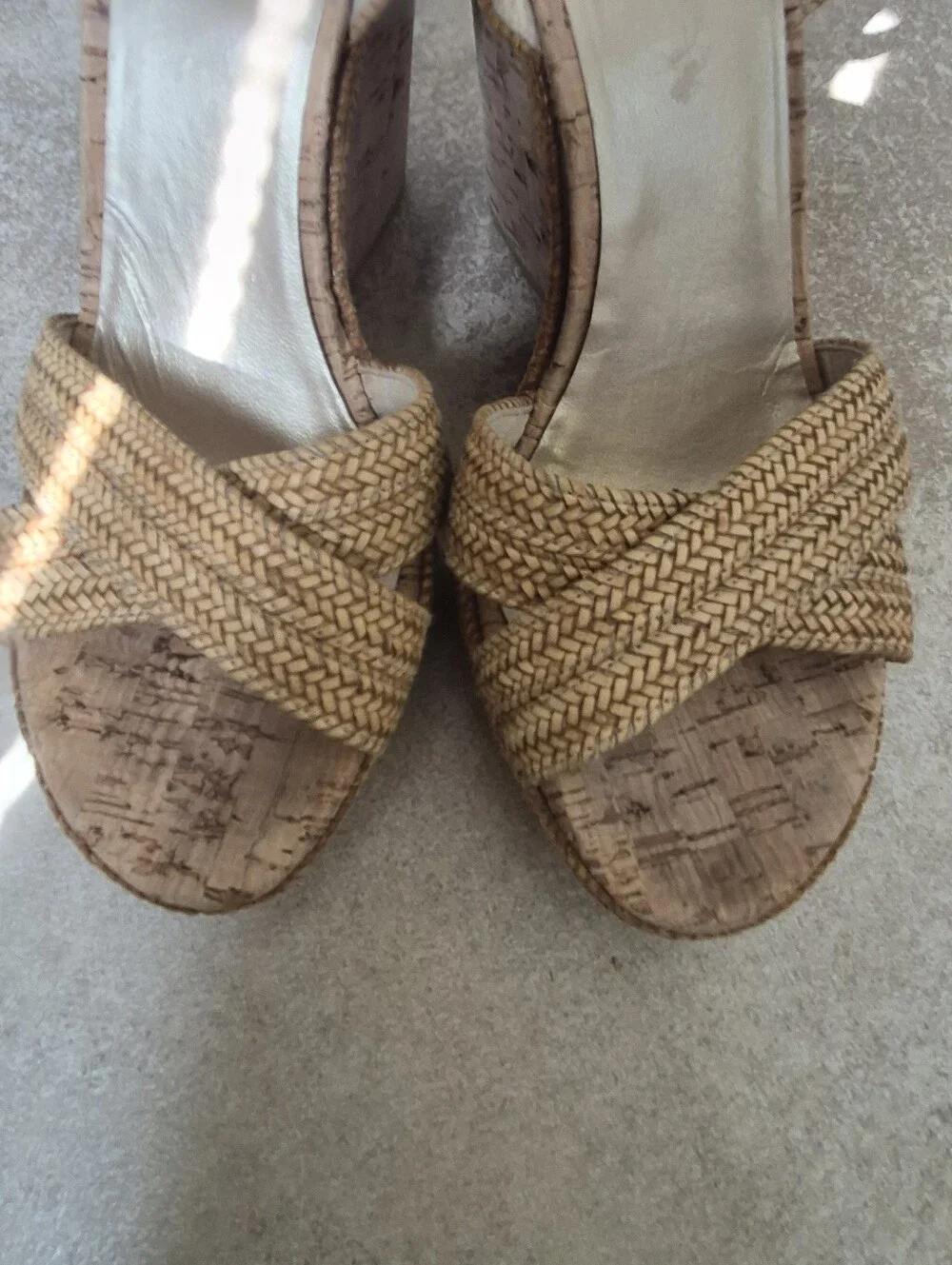 Stuart Weitzman Minx Camel Woven Cork Wedge Sandals Size 7.5 - Picture 8 of 16